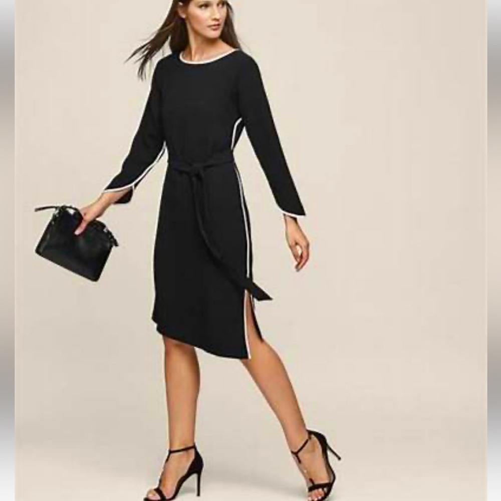 REISS Agnes Piping Detail Dress Size 8 Black Contrast Trim Asymmetric Hem